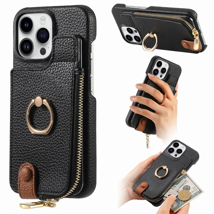 Y3 Para Iphone 16 Pro Caset Holder Kickstand Leather+TPU Tampo Com Bolso Com Zíper - Preto
