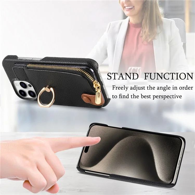 Y3 Para Iphone 16 Pro Caset Holder Kickstand Leather+TPU Tampo Com Bolso Com Zíper - Preto