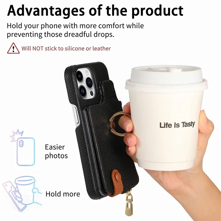 Y3 Para Iphone 16 Pro Caset Holder Kickstand Leather+TPU Tampo Com Bolso Com Zíper - Preto