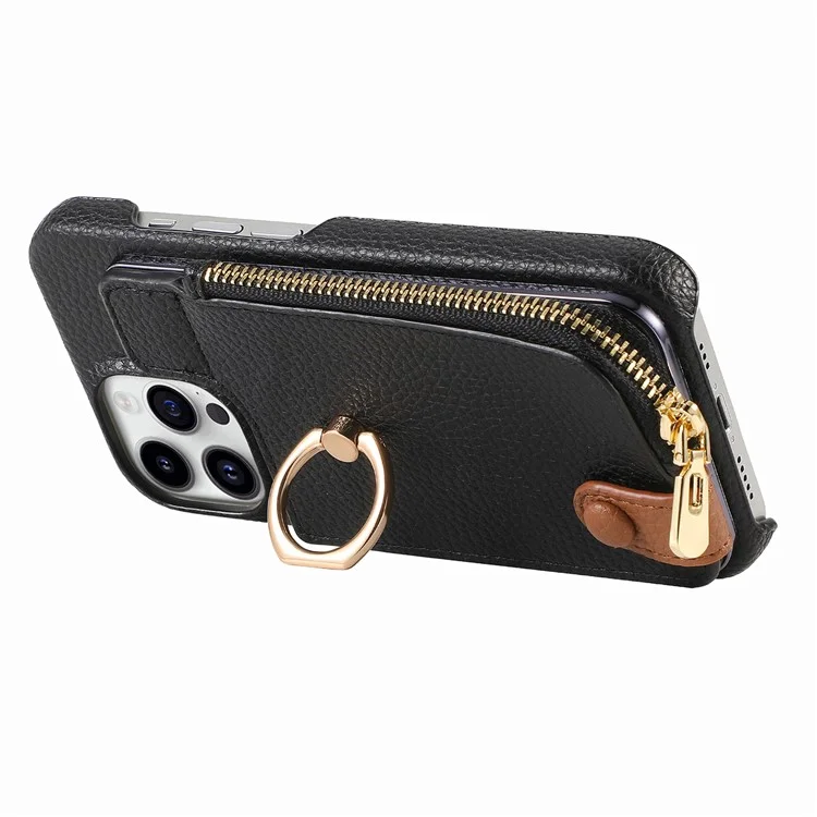 Y3 Para Iphone 16 Pro Caset Holder Kickstand Leather+TPU Tampo Com Bolso Com Zíper - Preto