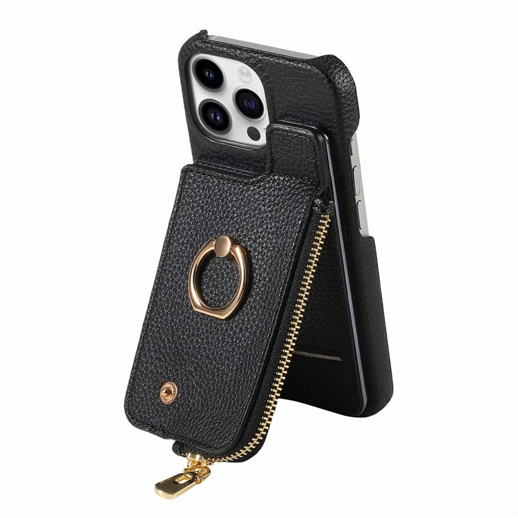 Y3 Para Iphone 16 Pro Caset Holder Kickstand Leather+TPU Tampo Com Bolso Com Zíper - Preto