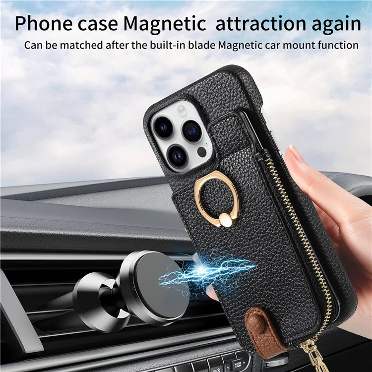Y3 Para Iphone 16 Pro Caset Holder Kickstand Leather+TPU Tampo Com Bolso Com Zíper - Preto