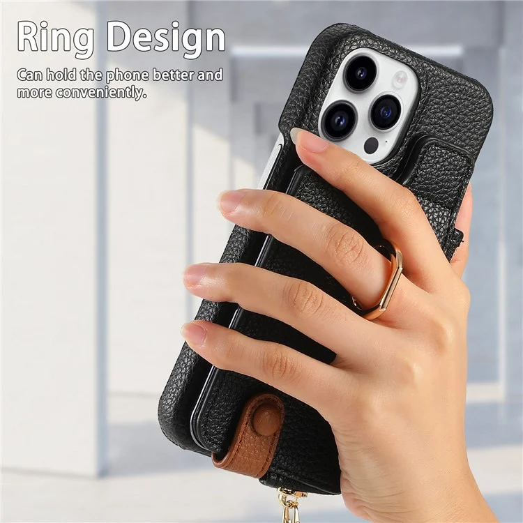 Y3 Para Iphone 16 Pro Caset Holder Kickstand Leather+TPU Tampo Com Bolso Com Zíper - Preto