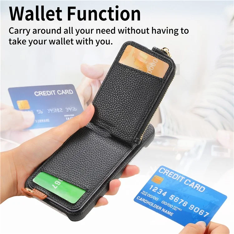 Y3 Para Iphone 16 Pro Caset Holder Kickstand Leather+TPU Tampo Com Bolso Com Zíper - Preto