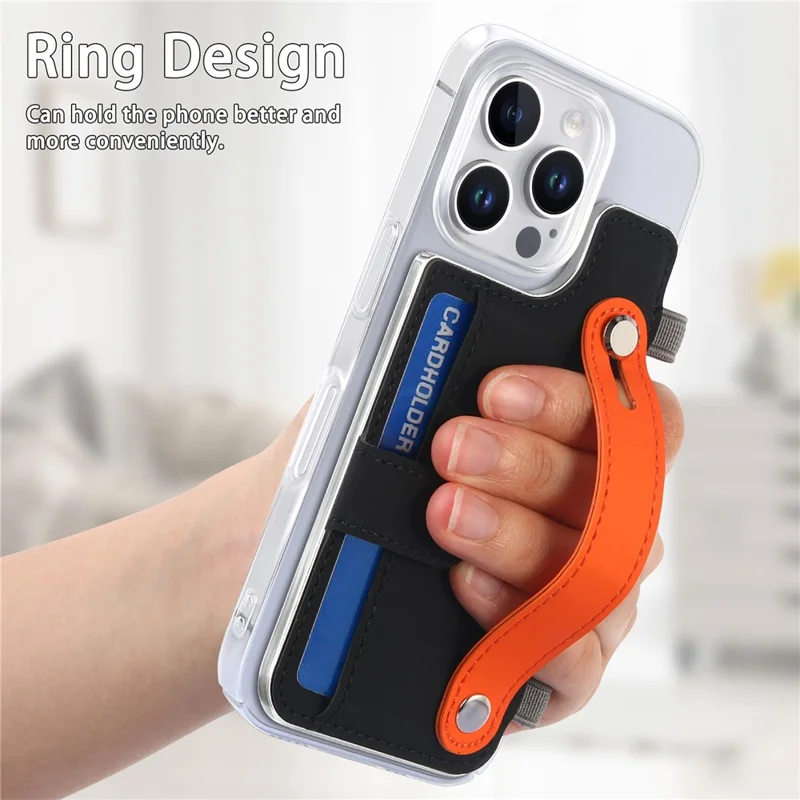 CY1 Per iPhone 16 Pro Case Card Slot Wristband Kickstand Leather+PC Phone Cover - Nero