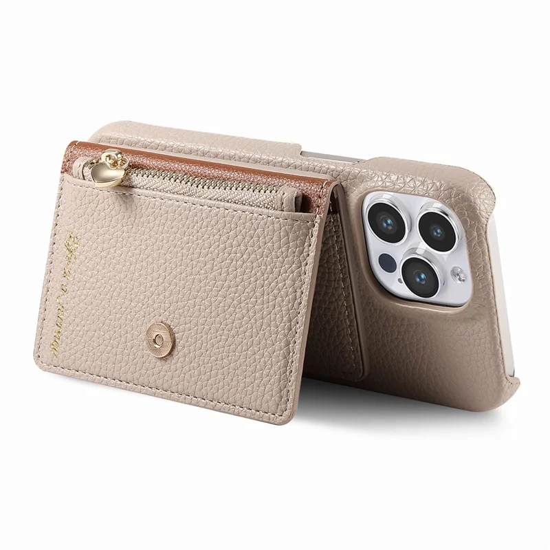 Y4 Para Iphone 16 Pro Max Case Zipper Pocket Leather+tpu Telep Sporter Tope Sporter Kickstand - Caqui