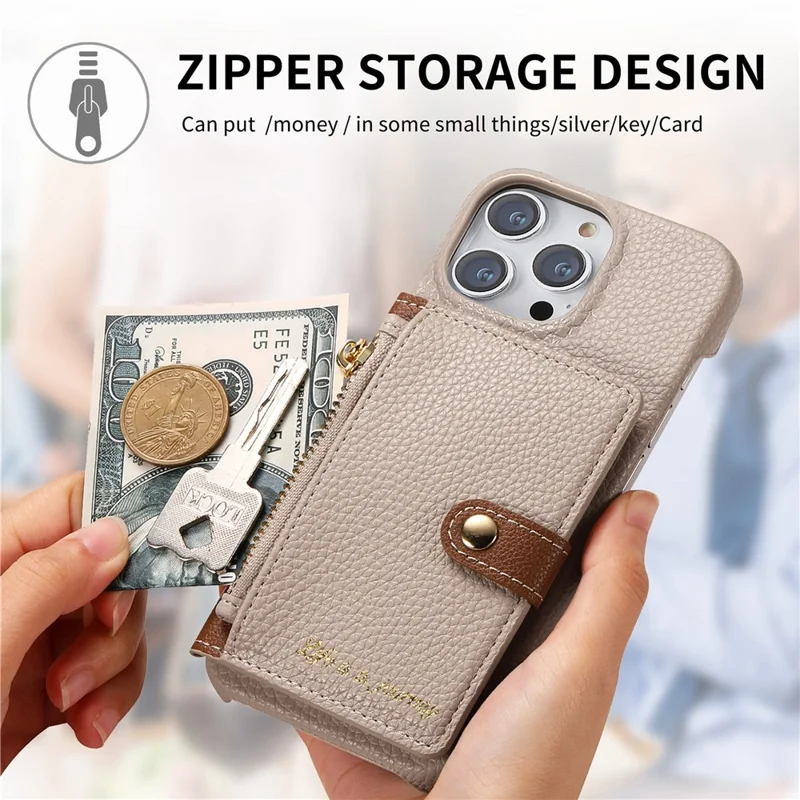 Y4 Para Iphone 16 Pro Max Case Zipper Pocket Leather+tpu Telep Sporter Tope Sporter Kickstand - Caqui