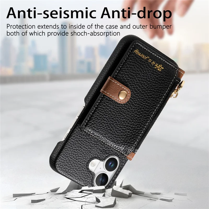 Y4 Pour Iphone 16 Plus Case de Poche à Glissière + Tpu Tpu Téléphone Carte de Reprise du Support Kickstand - Noir