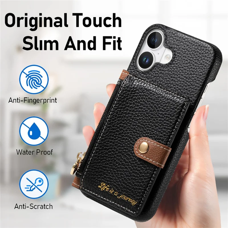Y4 Pour Iphone 16 Plus Case de Poche à Glissière + Tpu Tpu Téléphone Carte de Reprise du Support Kickstand - Noir