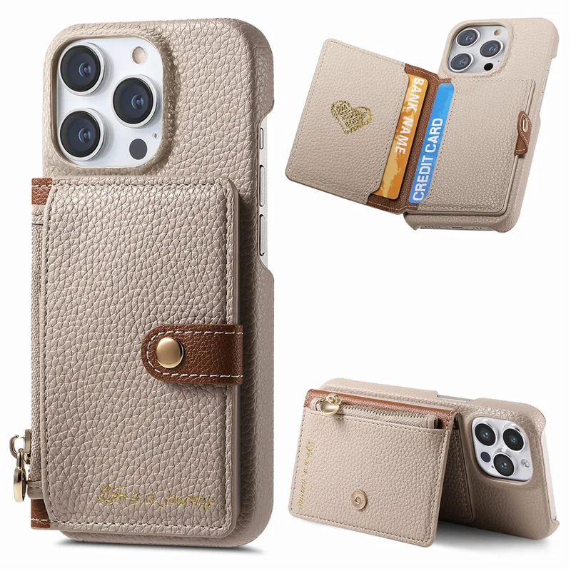 Y4 Для Iphone 16 Pro Case Zipper Pocket Leather+tpu Cay Cover Holder Card - Хаки