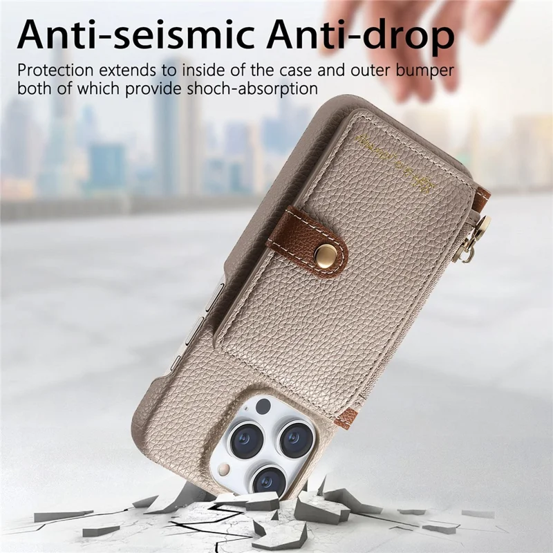 Y4 Для Iphone 16 Pro Case Zipper Pocket Leather+tpu Cay Cover Holder Card - Хаки