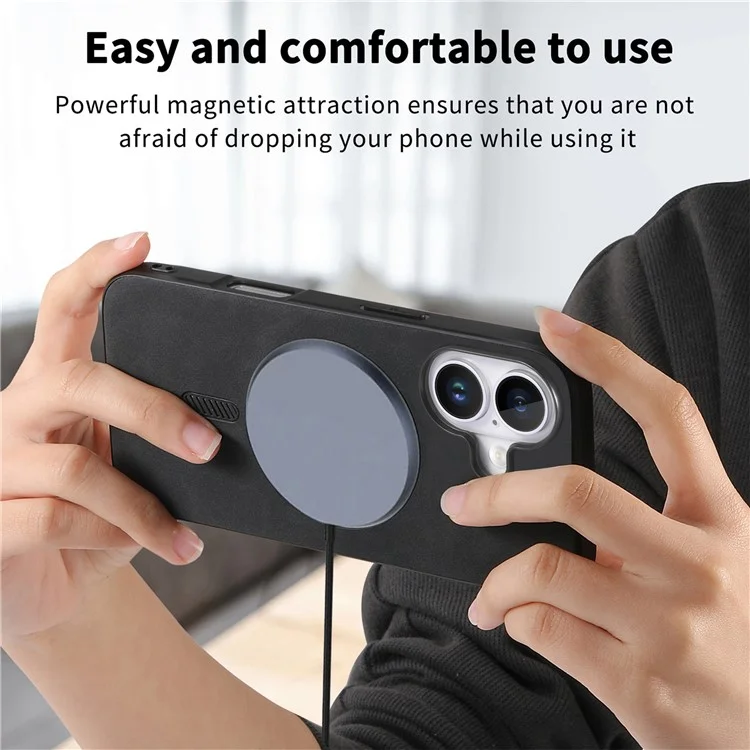 B1 For iPhone 16 Plus Leather Back Case Compatible with MagSafe Skin-Touch Phone Cover - Black
