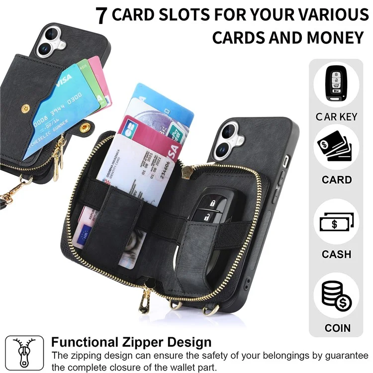 For iPhone 16 Plus Case Zipper Card Holder PU Leather Phone Back Cover with Long Strap - Black