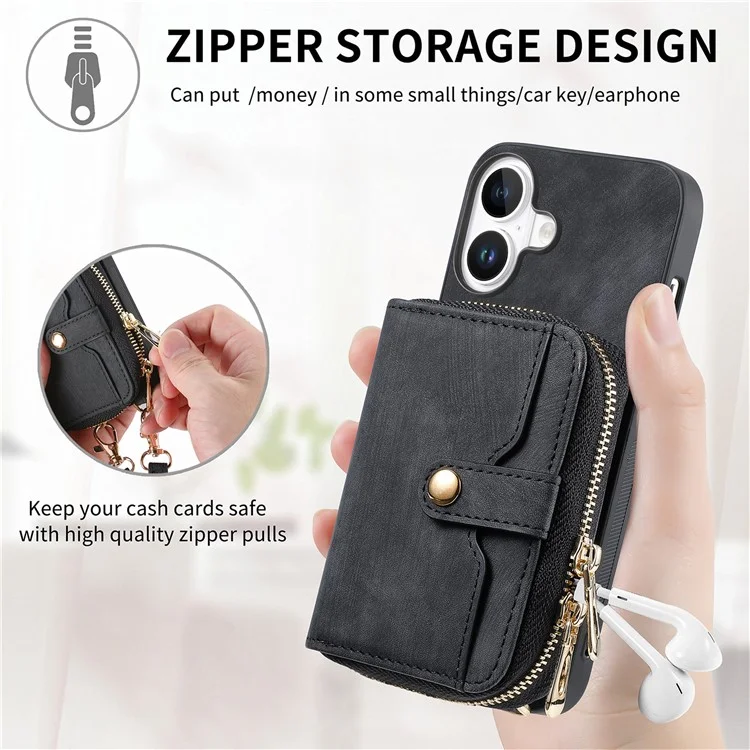 For iPhone 16 Plus Case Zipper Card Holder PU Leather Phone Back Cover with Long Strap - Black