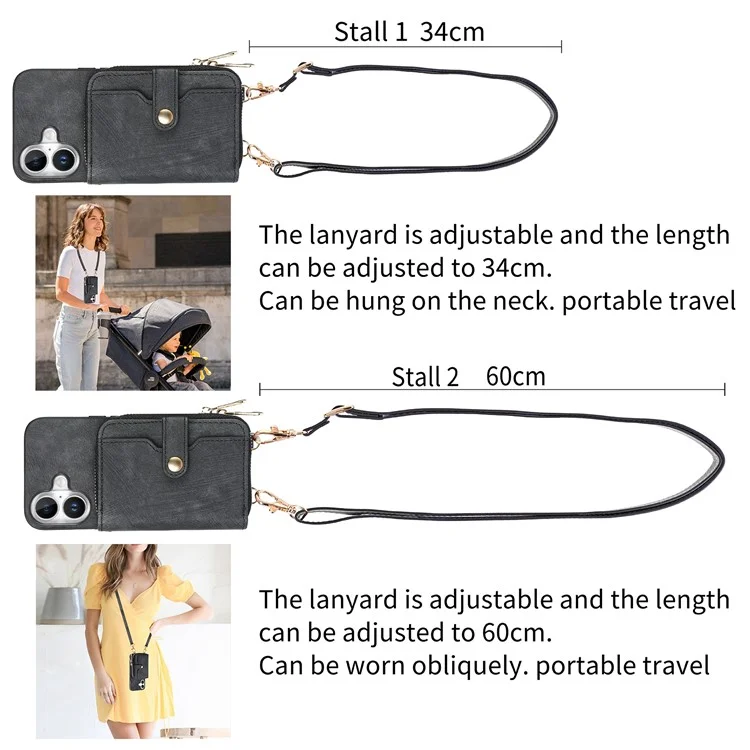 For iPhone 16 Plus Case Zipper Card Holder PU Leather Phone Back Cover with Long Strap - Black