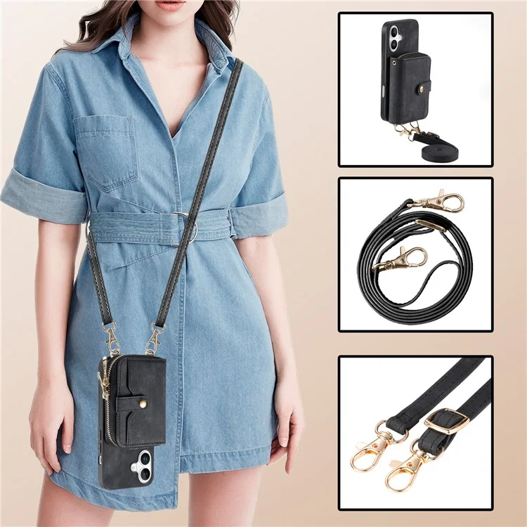 For iPhone 16 Plus Case Zipper Card Holder PU Leather Phone Back Cover with Long Strap - Black