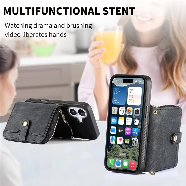For iPhone 16 Plus Case Zipper Card Holder PU Leather Phone Back Cover with Long Strap - Black
