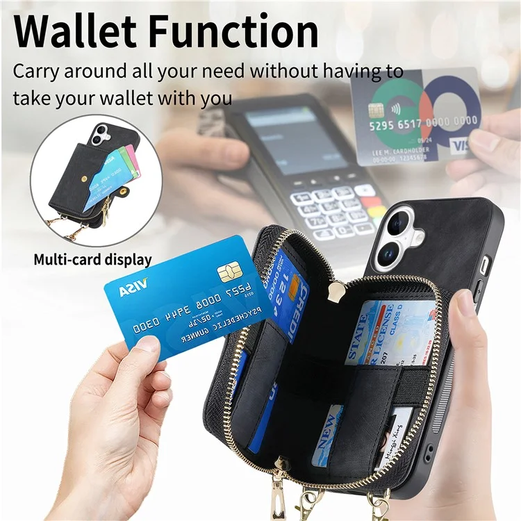For iPhone 16 Plus Case Zipper Card Holder PU Leather Phone Back Cover with Long Strap - Black