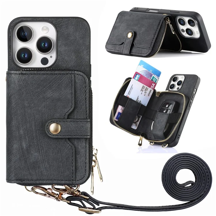 D3 Für Iphone 16 Pro Case Reißverschluss Kartenhalter PU Leather Telefon Zurück Mit Langem Riemen - Schwarz