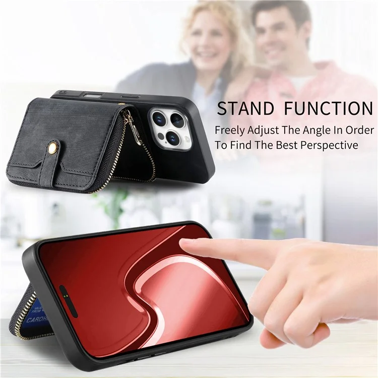 D3 Für Iphone 16 Pro Case Reißverschluss Kartenhalter PU Leather Telefon Zurück Mit Langem Riemen - Schwarz