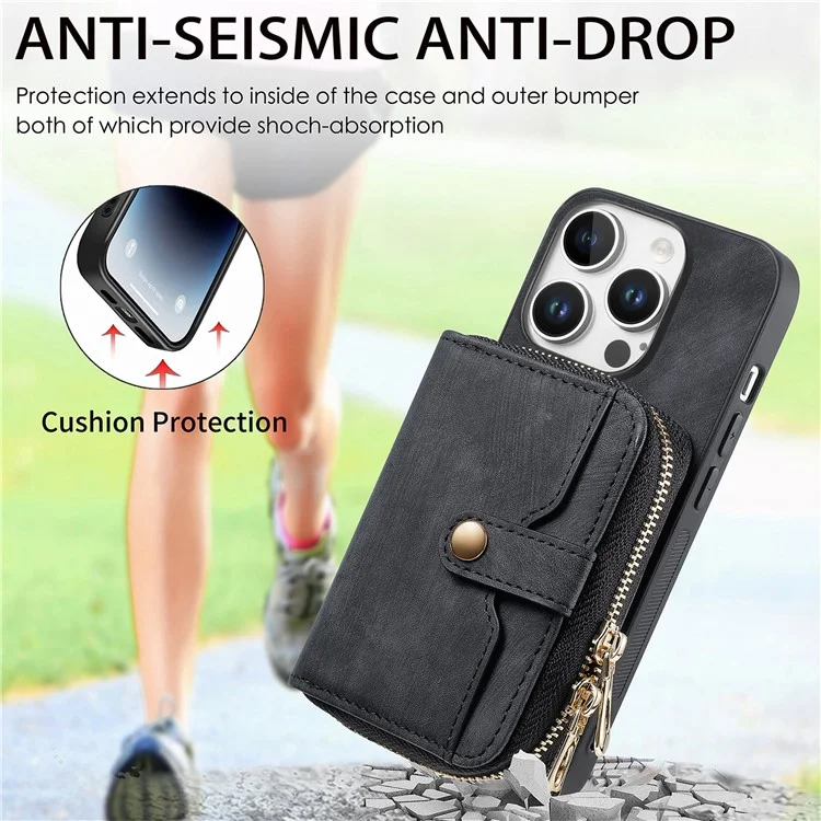 D3 Für Iphone 16 Pro Case Reißverschluss Kartenhalter PU Leather Telefon Zurück Mit Langem Riemen - Schwarz