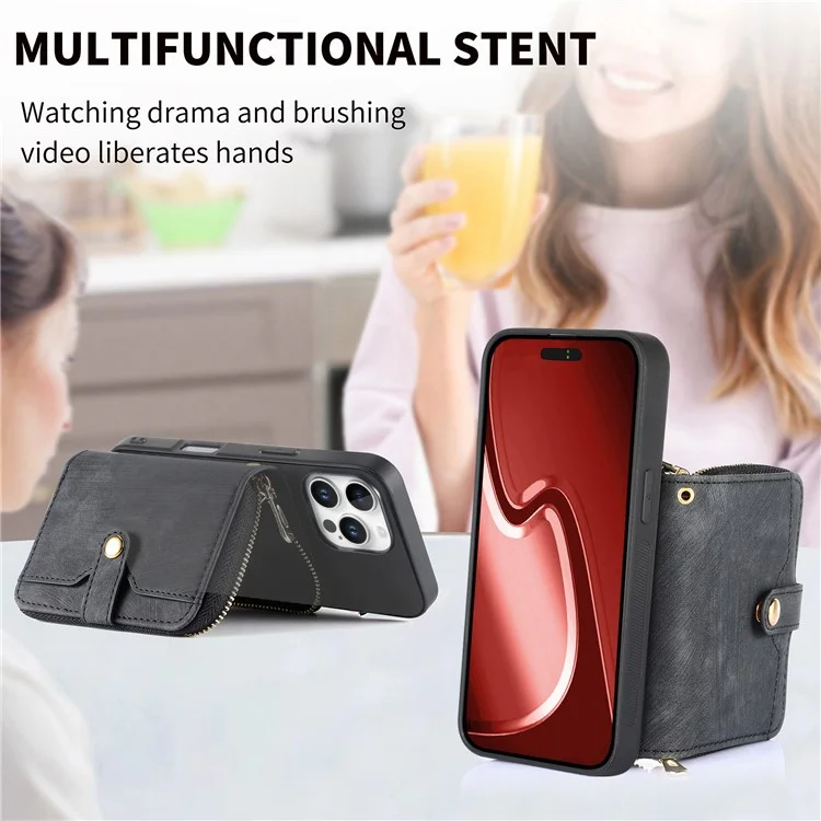 D3 Für Iphone 16 Pro Case Reißverschluss Kartenhalter PU Leather Telefon Zurück Mit Langem Riemen - Schwarz