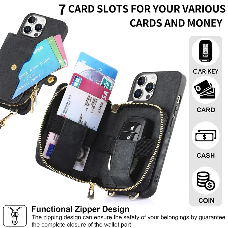 D3 Für Iphone 16 Pro Case Reißverschluss Kartenhalter PU Leather Telefon Zurück Mit Langem Riemen - Schwarz