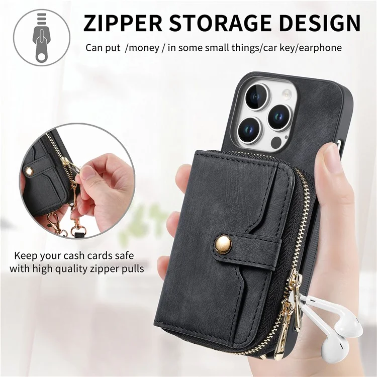 D3 Für Iphone 16 Pro Case Reißverschluss Kartenhalter PU Leather Telefon Zurück Mit Langem Riemen - Schwarz