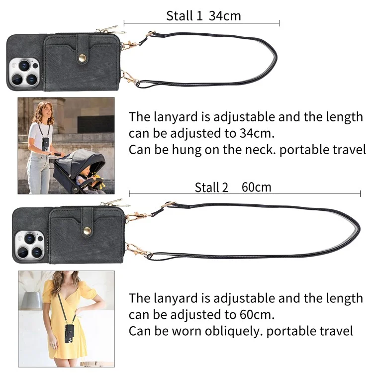 D3 Für Iphone 16 Pro Case Reißverschluss Kartenhalter PU Leather Telefon Zurück Mit Langem Riemen - Schwarz
