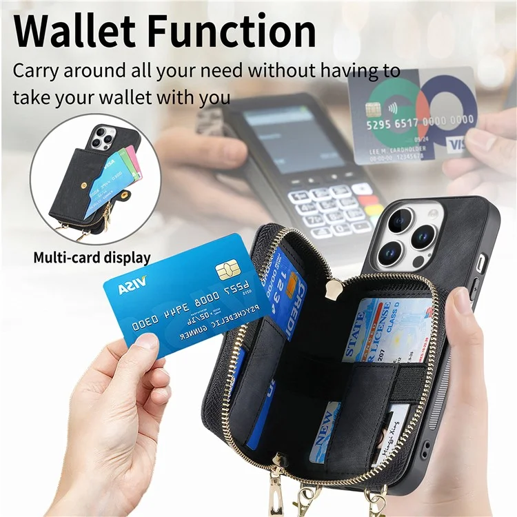 For iPhone 16 Pro Max Case Zipper Card Holder PU Leather Phone Back Cover with Long Strap - Black