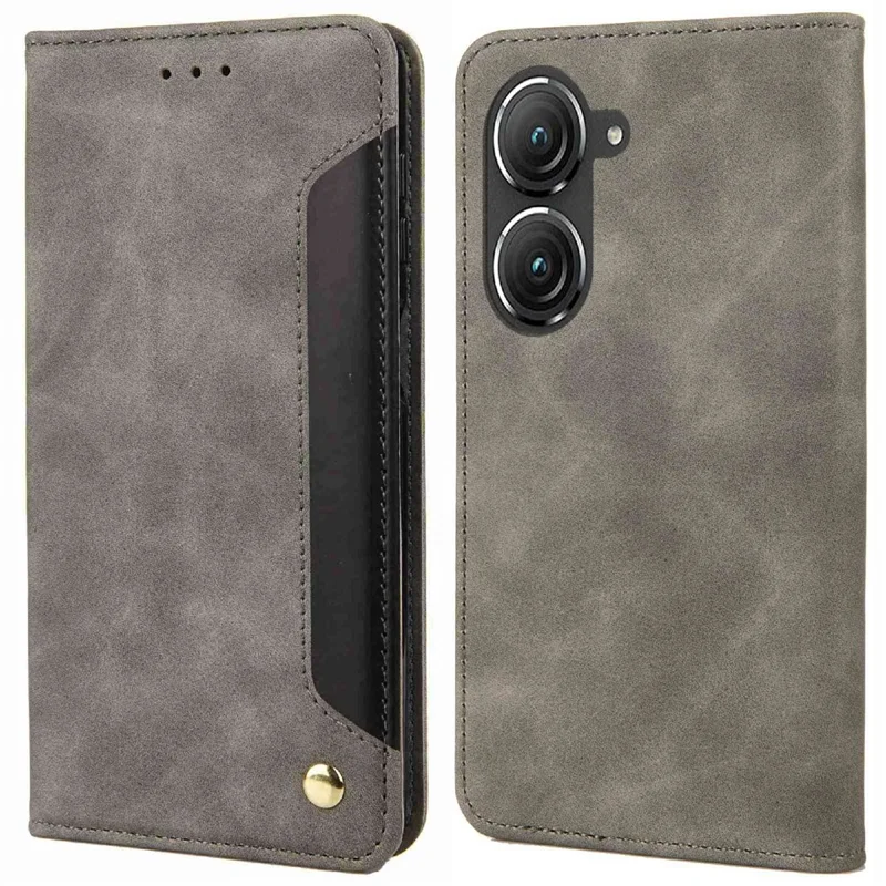 Para Asus Zenfone 9 5G Estuche de teléfono antideslizante con empalme Funda de cuero PU Piel magnética de absorción automática Sensación de piel de contacto Funda de cartera de teléfono con soporte - Gris
