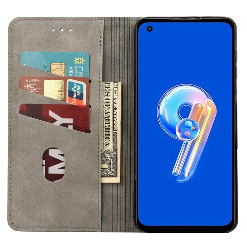 Para Asus Zenfone 9 5G Estuche de teléfono antideslizante con empalme Funda de cuero PU Piel magnética de absorción automática Sensación de piel de contacto Funda de cartera de teléfono con soporte - Gris