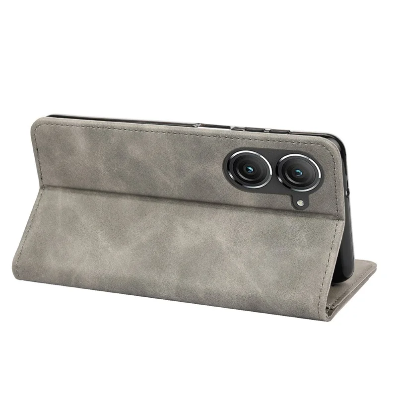 Para Asus Zenfone 9 5G Estuche de teléfono antideslizante con empalme Funda de cuero PU Piel magnética de absorción automática Sensación de piel de contacto Funda de cartera de teléfono con soporte - Gris