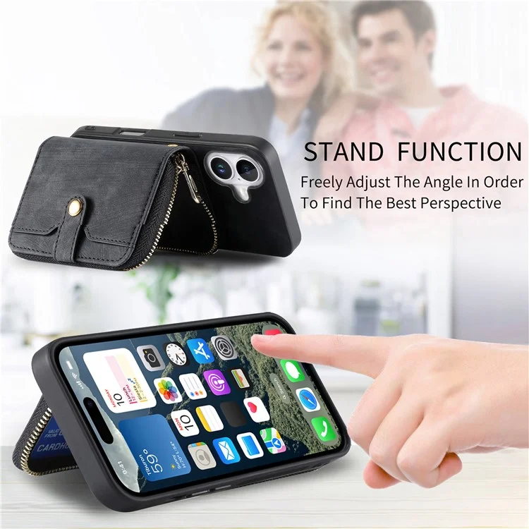 For iPhone 16 Case Zipper Card Holder PU Leather Phone Back Cover with Long Strap - Black