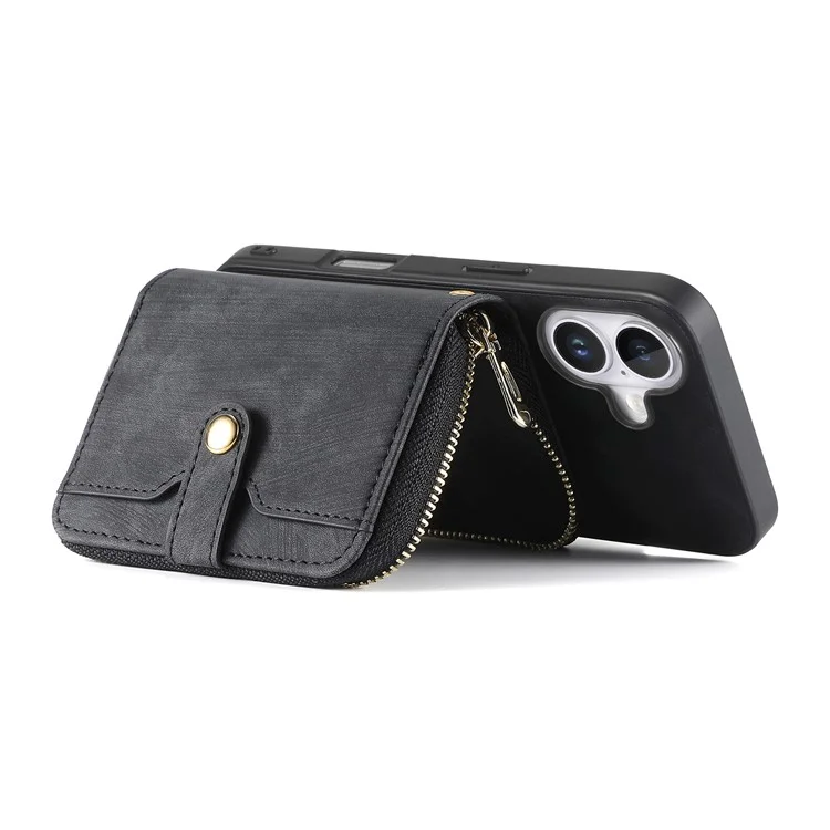 For iPhone 16 Case Zipper Card Holder PU Leather Phone Back Cover with Long Strap - Black