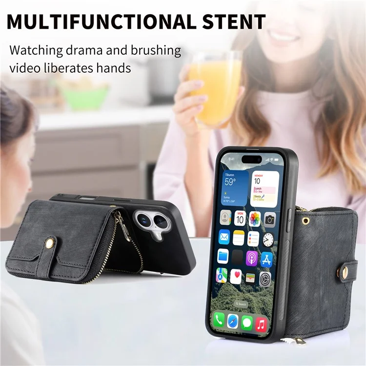 For iPhone 16 Case Zipper Card Holder PU Leather Phone Back Cover with Long Strap - Black