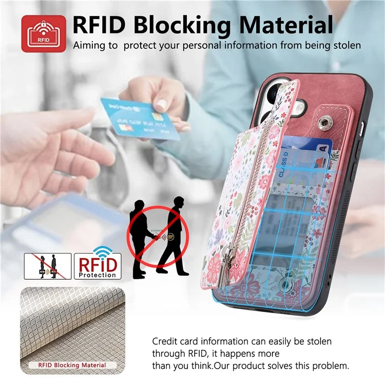 D10 Per Iphone 16 Plus Case Pattern Whatet Wallet in Pelle+copertura Telefonica Tpu Blocco RFID - Rosa