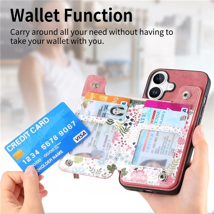 D10 Per Iphone 16 Plus Case Pattern Whatet Wallet in Pelle+copertura Telefonica Tpu Blocco RFID - Rosa