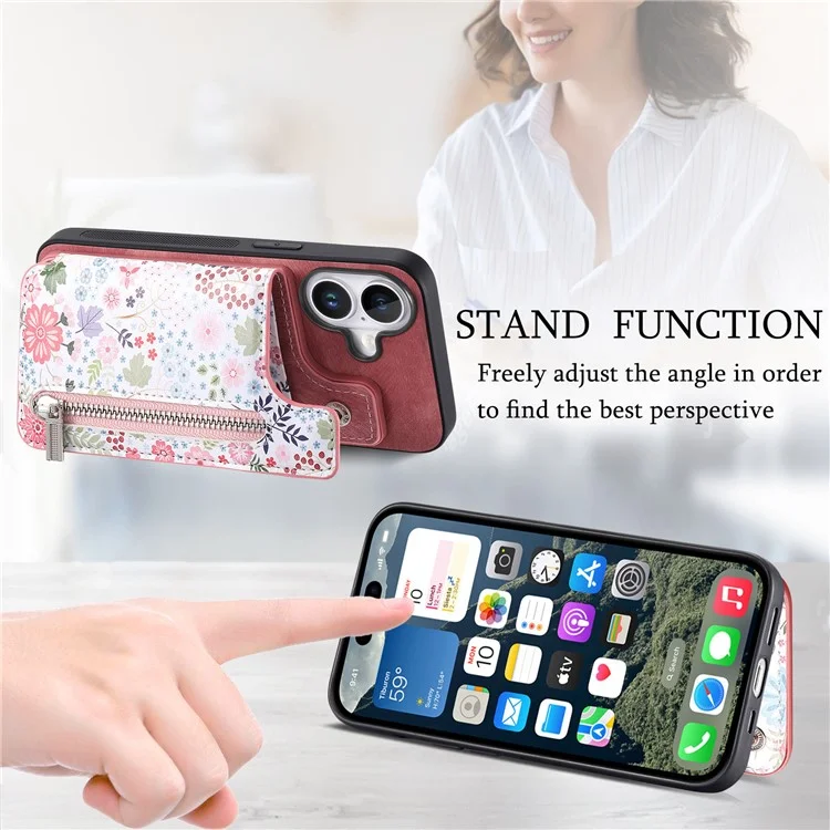 D10 Per Iphone 16 Plus Case Pattern Whatet Wallet in Pelle+copertura Telefonica Tpu Blocco RFID - Rosa