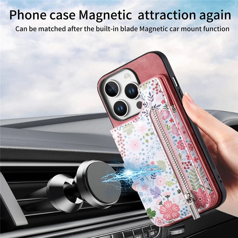D10 Para Iphone 16 Pro Max Case Pattern Kickstand Leather+TPU Telebro Bloqueo RFID RFID - Rosa
