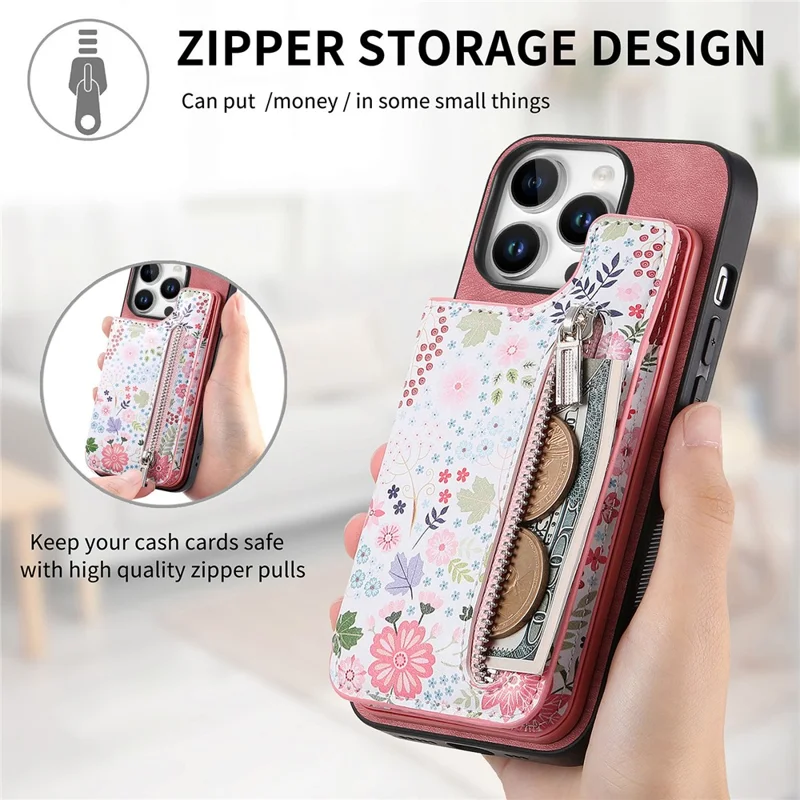 D10 Para Iphone 16 Pro Max Case Pattern Kickstand Leather+TPU Telebro Bloqueo RFID RFID - Rosa