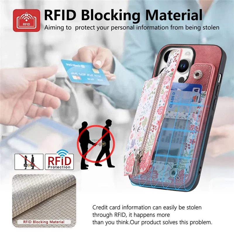 D10 Para Iphone 16 Pro Max Case Pattern Kickstand Leather+TPU Telebro Bloqueo RFID RFID - Rosa