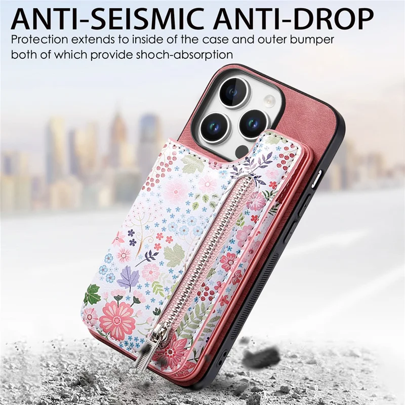 D10 Para Iphone 16 Pro Max Case Pattern Kickstand Leather+TPU Telebro Bloqueo RFID RFID - Rosa