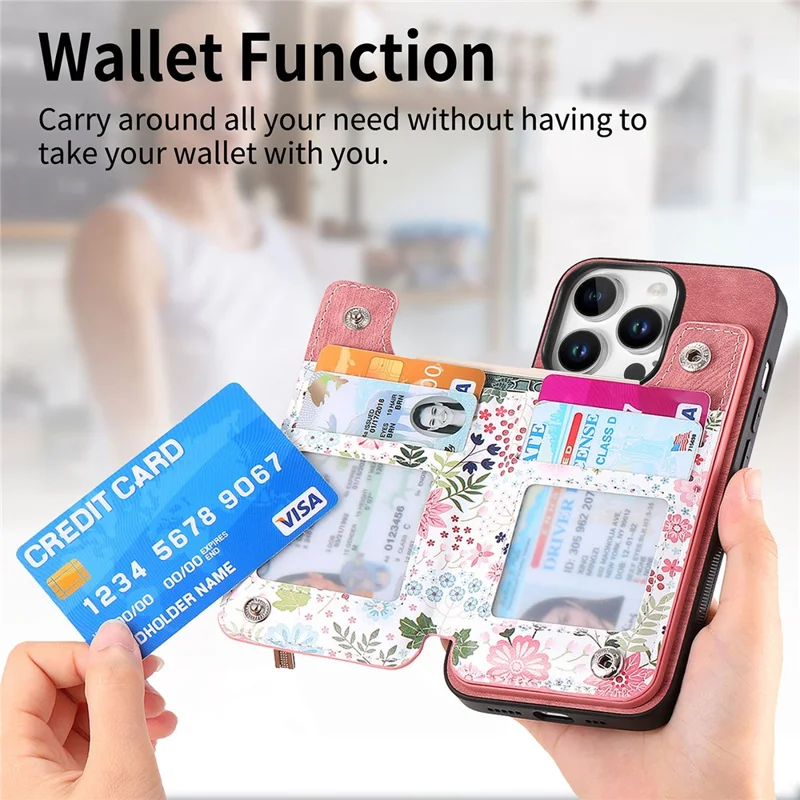D10 Para Iphone 16 Pro Max Case Pattern Kickstand Leather+TPU Telebro Bloqueo RFID RFID - Rosa