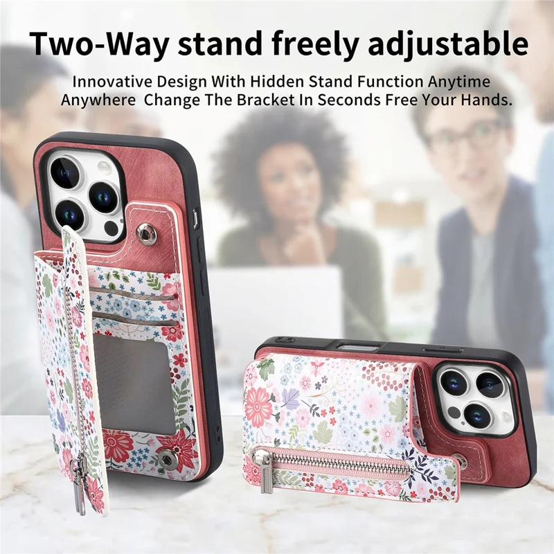 D10 Para Iphone 16 Pro Max Case Pattern Kickstand Leather+TPU Telebro Bloqueo RFID RFID - Rosa
