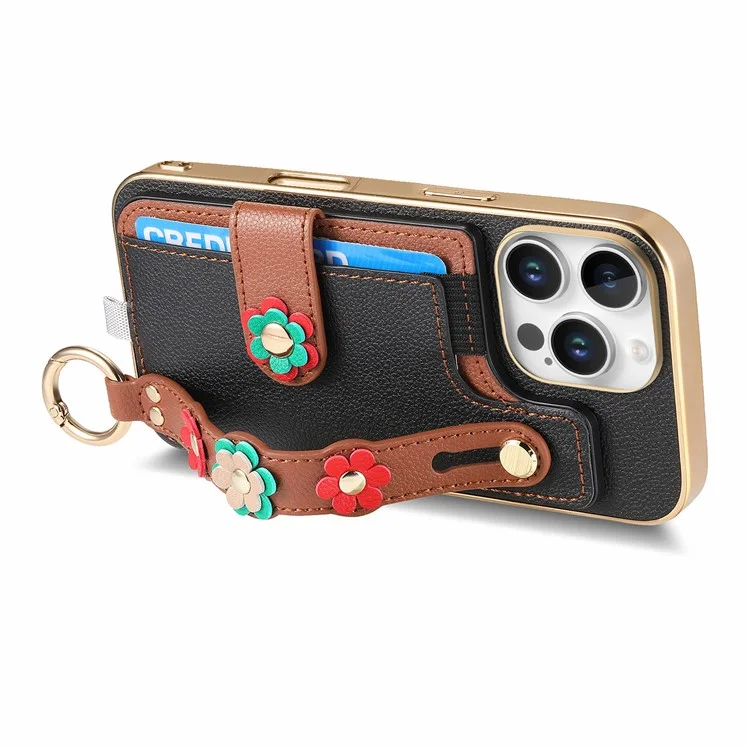 W2 Para Iphone 16 Pro Caset Holder Couro Tampa Traseira 3D Flor Pustrach - Preto
