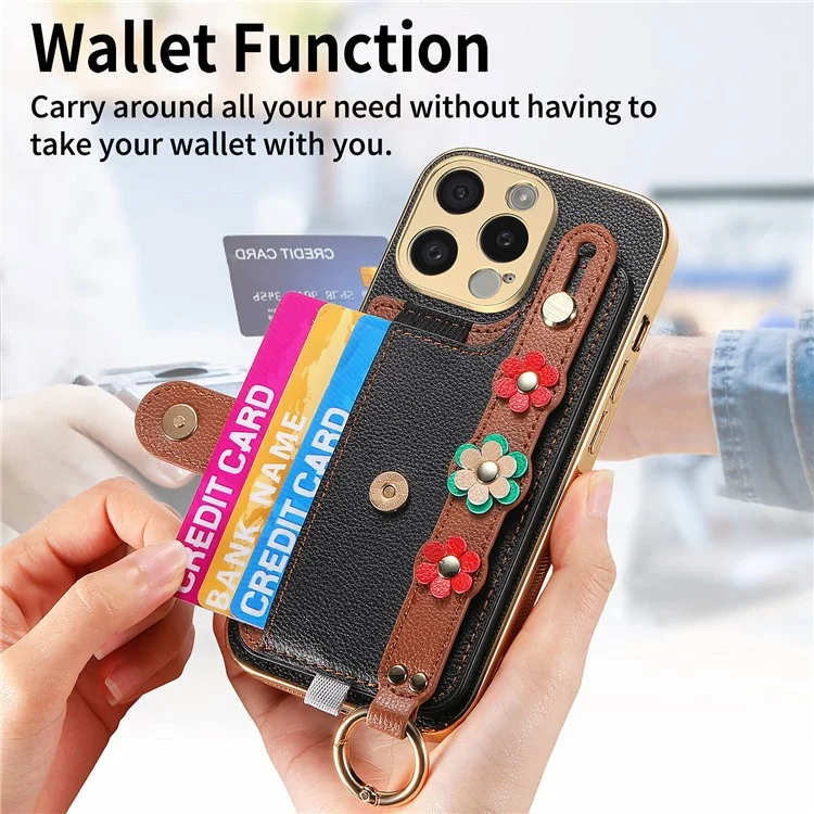 W2 Para Iphone 16 Pro Caset Holder Couro Tampa Traseira 3D Flor Pustrach - Preto