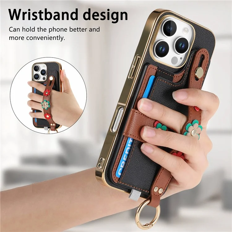 W2 Para Iphone 16 Pro Caset Holder Couro Tampa Traseira 3D Flor Pustrach - Preto