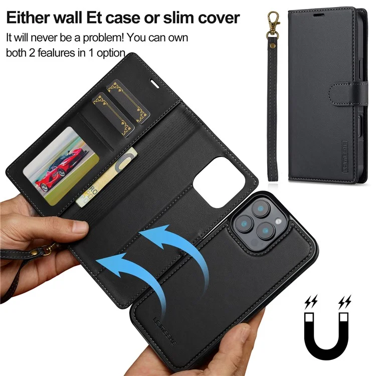 LC.IMEEKE Série L2 para iPhone 16 Pro Max Caja de Billetera de Cuero PU Desmontable Magnética Cubierta de Teléfono - Negro
