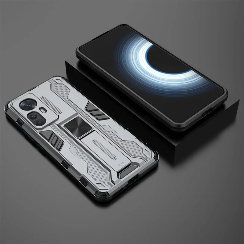 Para Xiaomi Redmi K50 Ultra 5G / 12T 5G Capa de Telefone à Prova de Queda com Suporte Anti-riscos Híbrida de PC Rígido e TPU Macio - Cinza